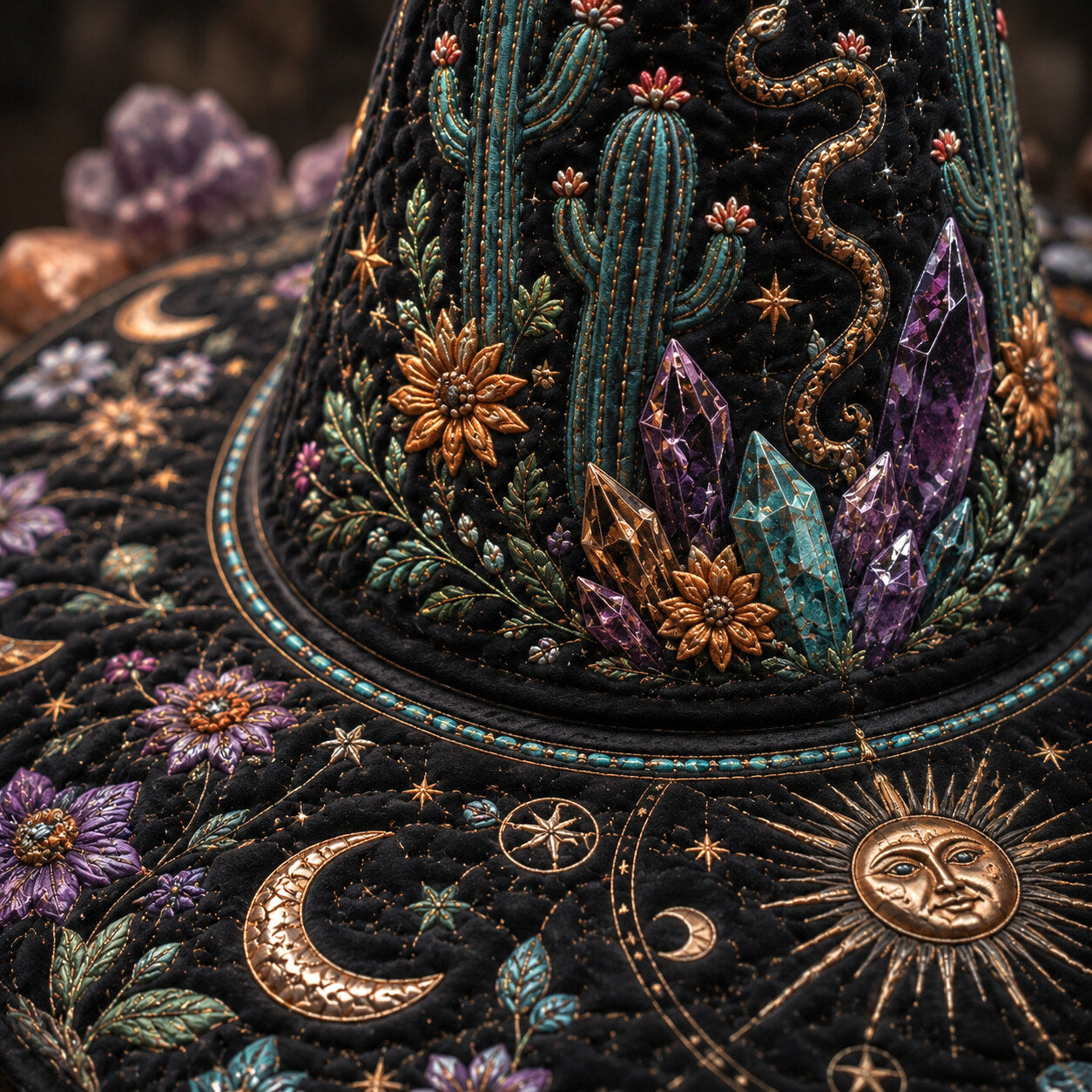 Desert Witch Hat – Cactus Sunset Celestial Pagan Wide Brim Hat – styled with candles and crystals