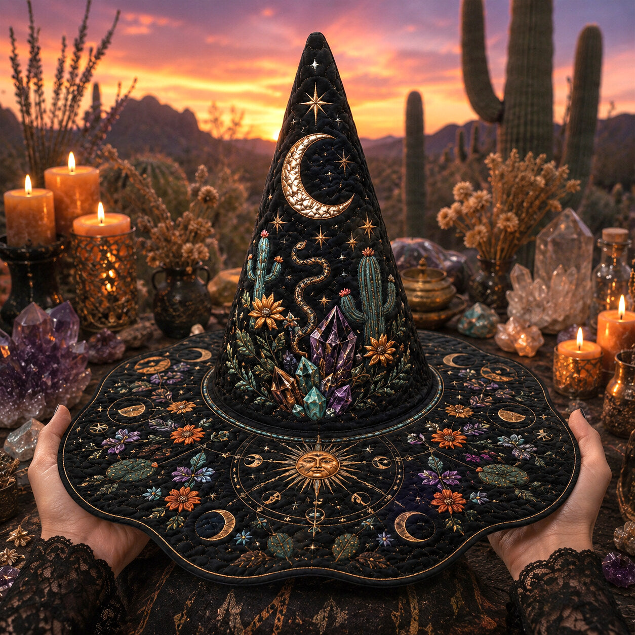 Desert Witch Hat – Cactus Sunset Celestial Pagan Wide Brim Hat – worn, front view