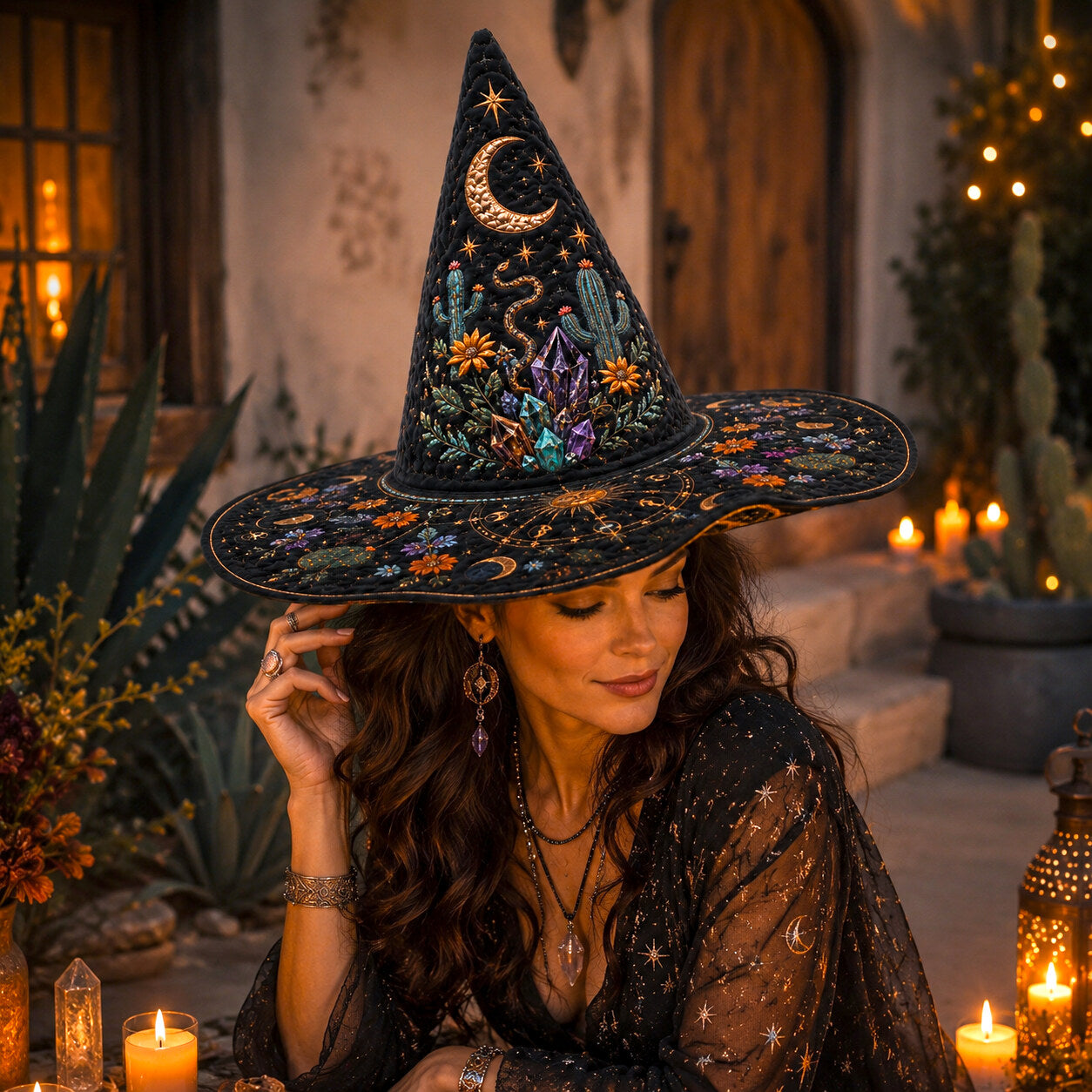 Desert Witch Hat – Cactus Sunset Celestial Pagan Wide Brim Hat – quilting and print detail
