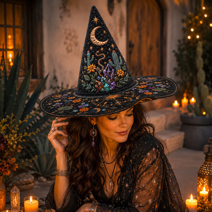 Desert Witch Hat – Cactus Sunset Celestial Pagan Wide Brim Hat – quilting and print detail