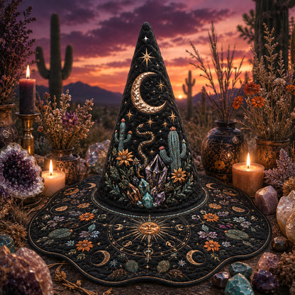 Desert Witch Hat – Cactus Sunset Celestial Pagan Wide Brim Hat – held in both hands