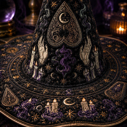 Divination Witch Hat – Seance Spirit Board Occult Wide Brim Hat – styled with candles and crystals