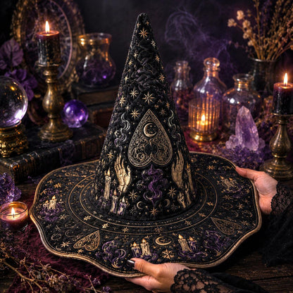 Divination Witch Hat – Seance Spirit Board Occult Wide Brim Hat – worn, front view