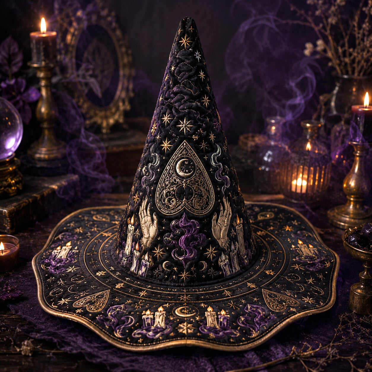 Divination Witch Hat – Seance Spirit Board Occult Wide Brim Hat – on an altar table