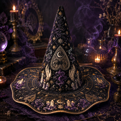 Divination Witch Hat – Seance Spirit Board Occult Wide Brim Hat – on an altar table