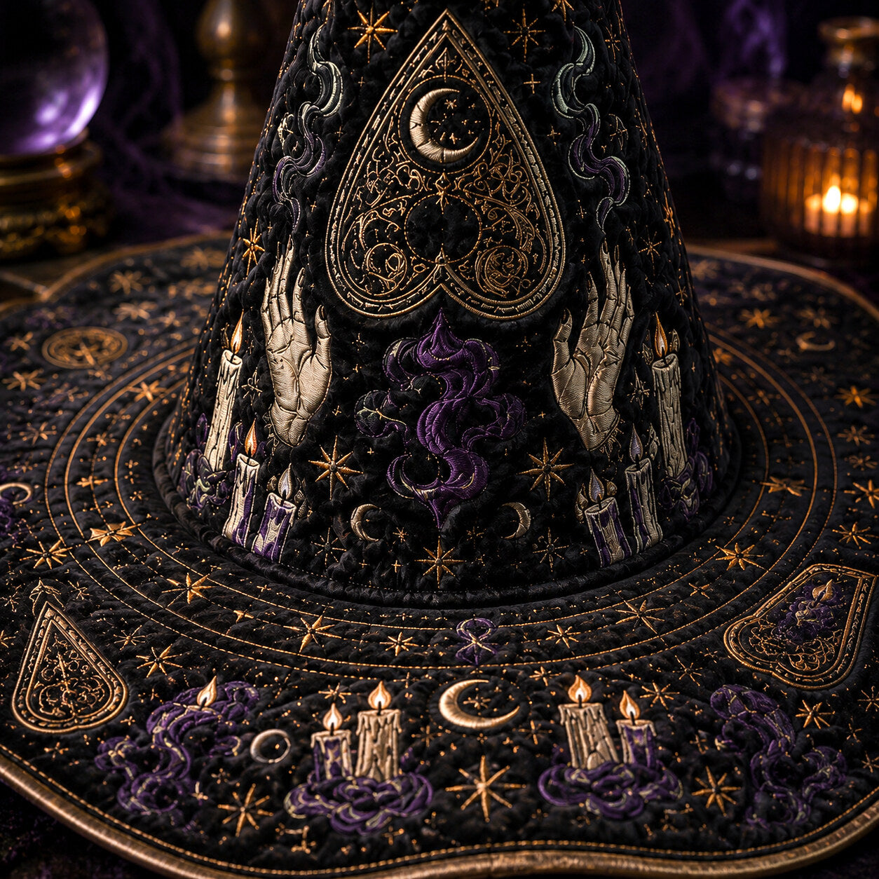 Divination Witch Hat – Seance Spirit Board Occult Wide Brim Hat – styled with candles and crystals
