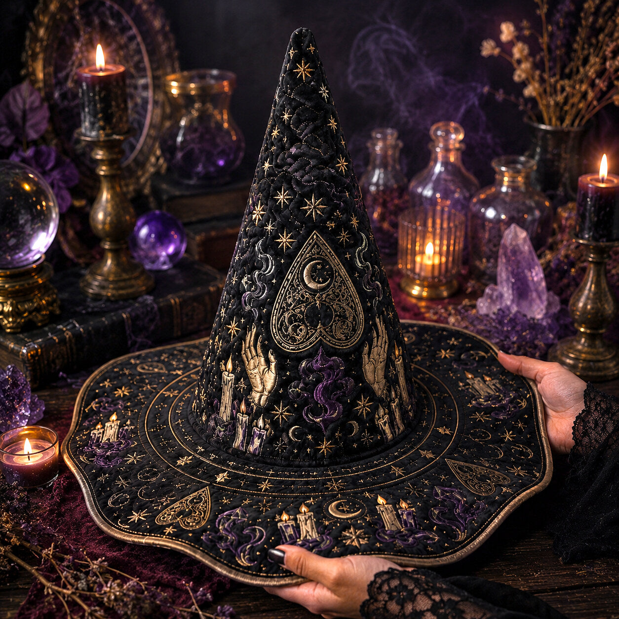 Divination Witch Hat – Seance Spirit Board Occult Wide Brim Hat – worn, front view