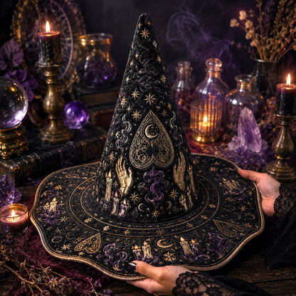 Divination Witch Hat – Seance Spirit Board Occult Wide Brim Hat – worn, front view