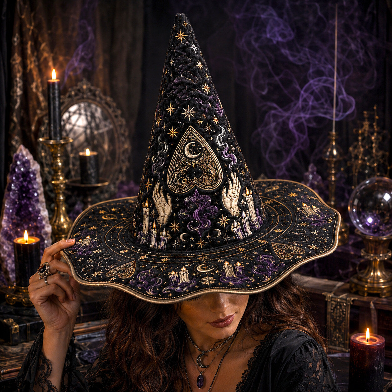 Divination Witch Hat – Seance Spirit Board Occult Wide Brim Hat – quilting and print detail