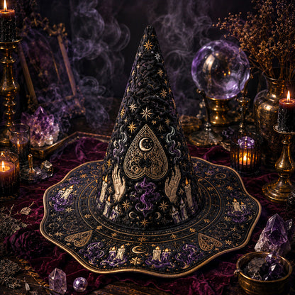 Divination Witch Hat – Seance Spirit Board Occult Wide Brim Hat – held in both hands