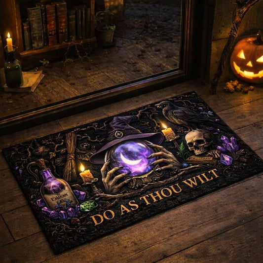 Gothic witchy doormat with a raven, skull, witch hat, crystal ball, and "DO AS THOU WILT" text.