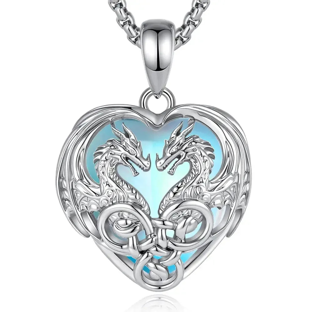 Double dragon heart necklace with Celtic trinity knot pendant