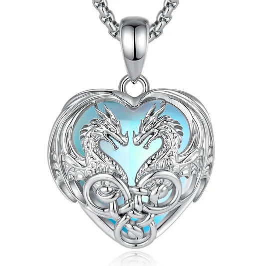 Double dragon heart necklace with Celtic trinity knot pendant