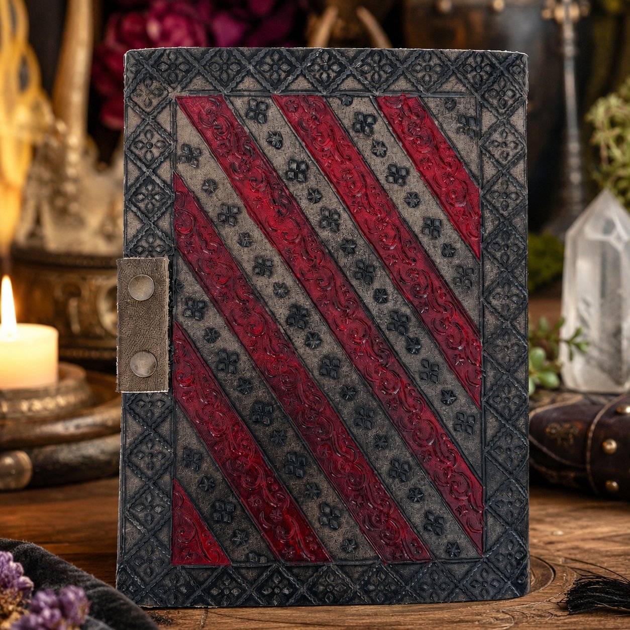 Double Dragon Leather Journal – Handmade Witch Grimoire with Deckle Art Pages – leather journal, back cover view