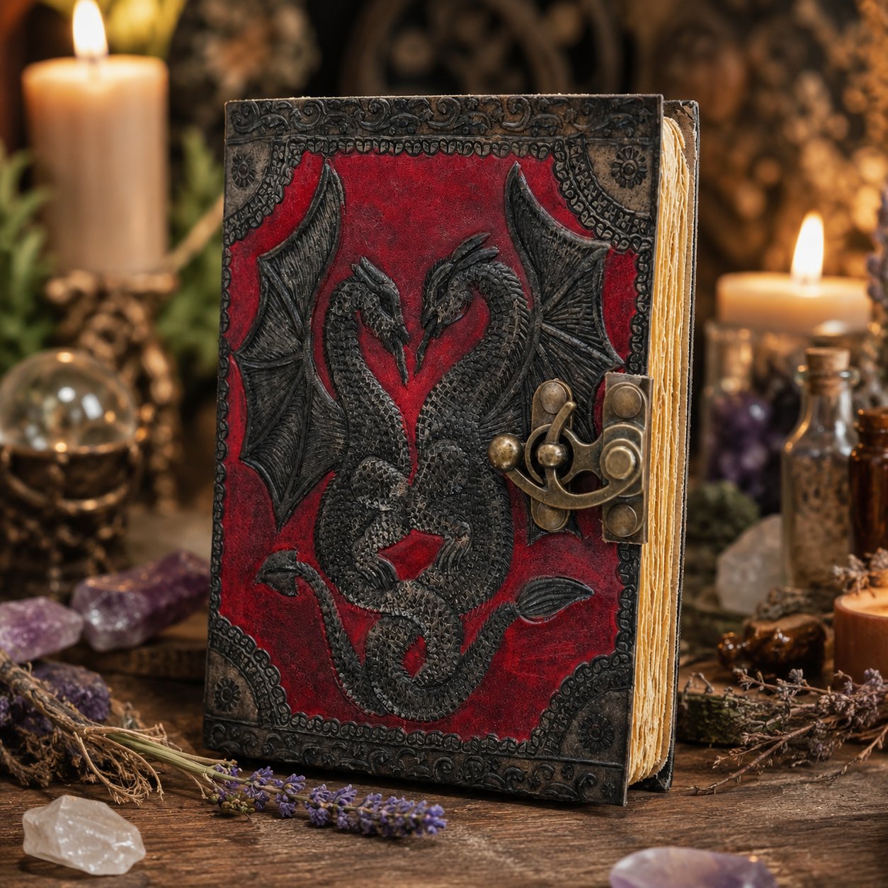 Double Dragon Leather Journal – Handmade Witch Grimoire with Deckle Art Pages – leather journal, open blank pages view