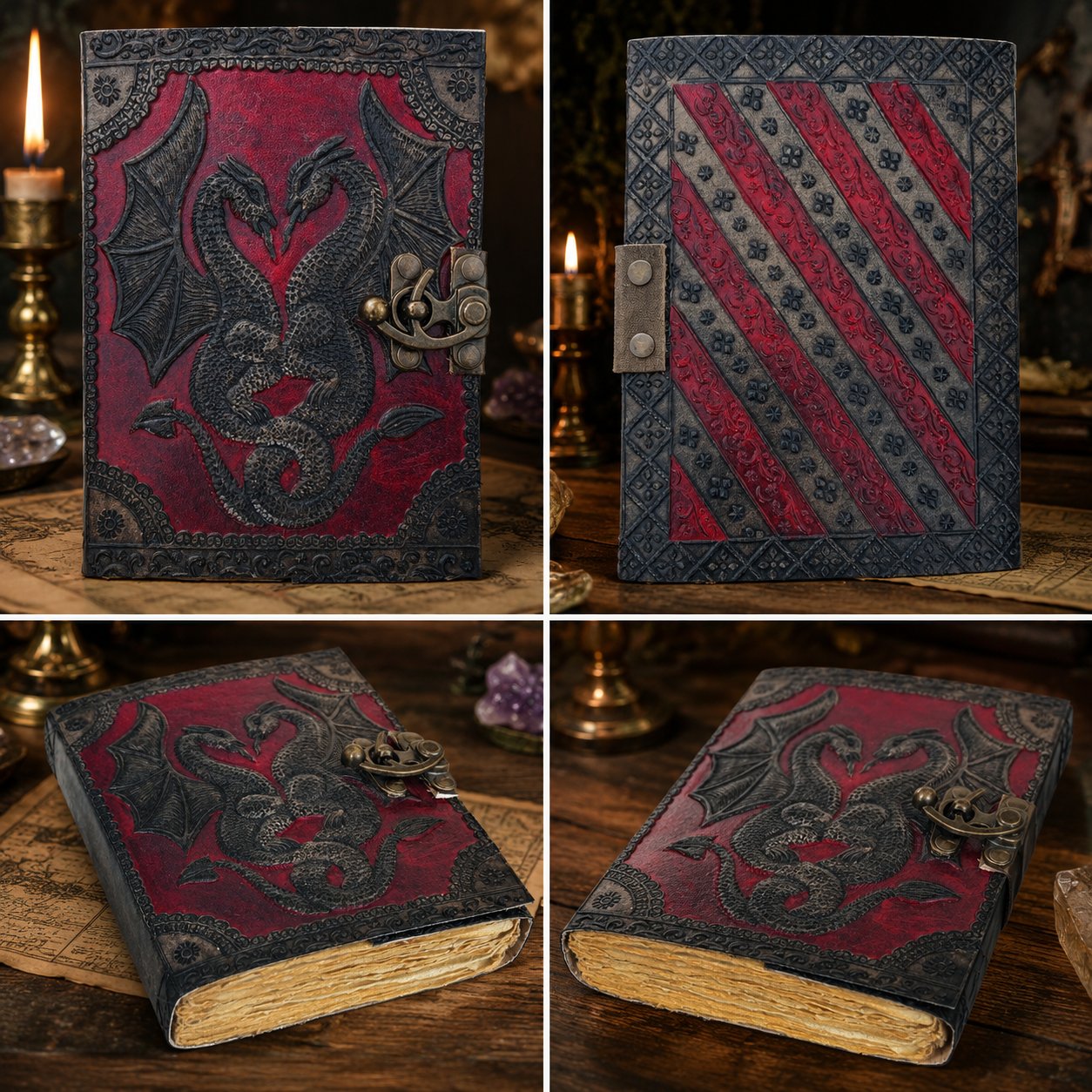 Double Dragon Leather Journal – Handmade Witch Grimoire with Deckle Art Pages – leather journal, close-up cover detail