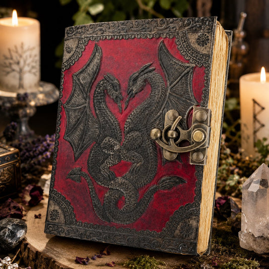 Double Dragon Leather Journal – Handmade Witch Grimoire with Deckle Art Pages – leather journal, front cover view
