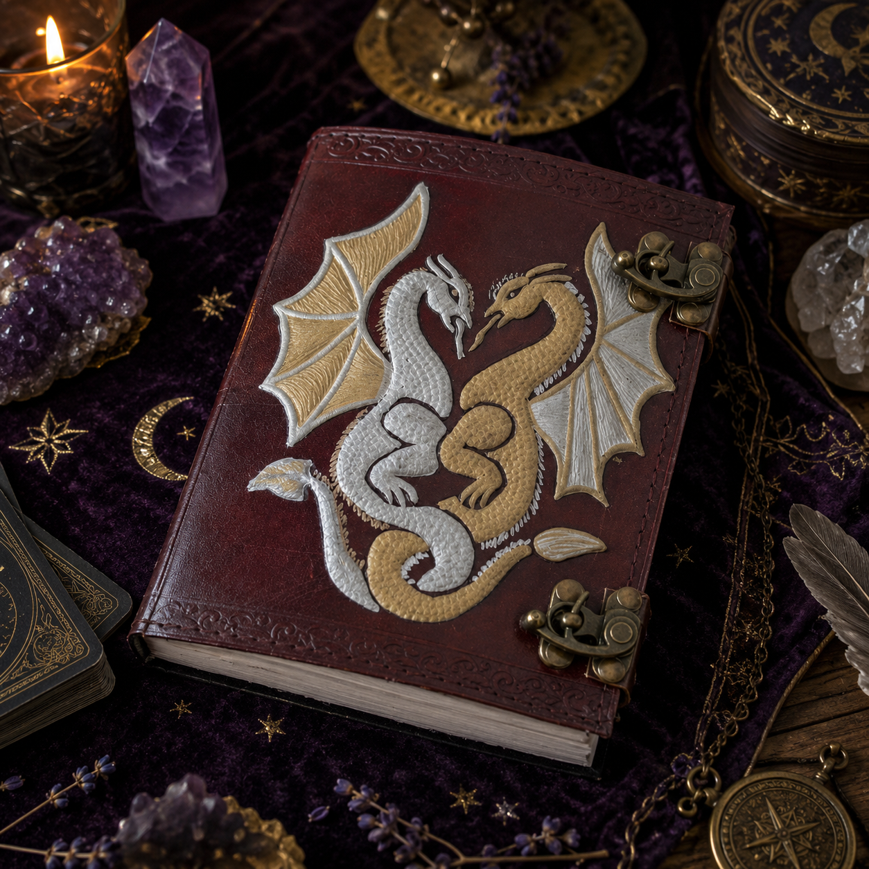 Double dragon leather journal – handmade witch grimoire, twin C-lock clasps, book of shadows, view 2
