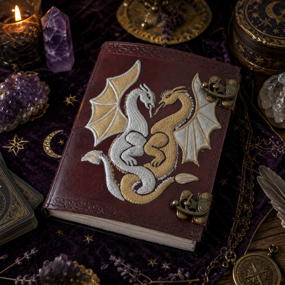 Double dragon leather journal – handmade witch grimoire, twin C-lock clasps, book of shadows, view 2