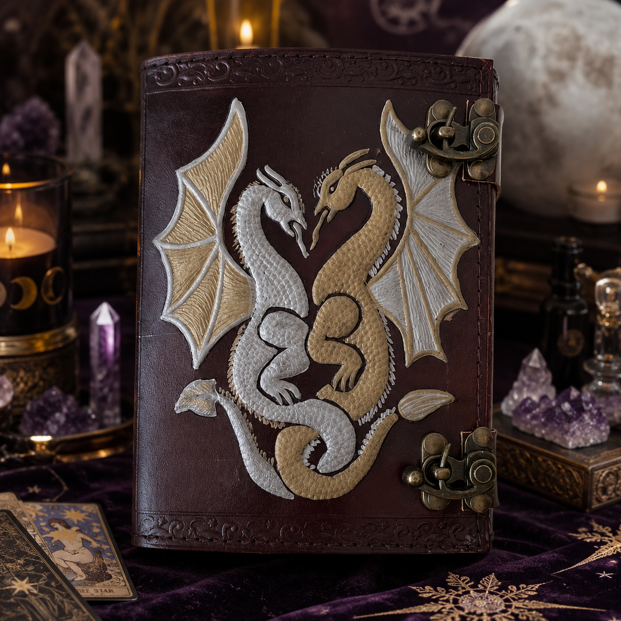 Double dragon leather journal – handmade witch grimoire, twin C-lock clasps, book of shadows, view 3