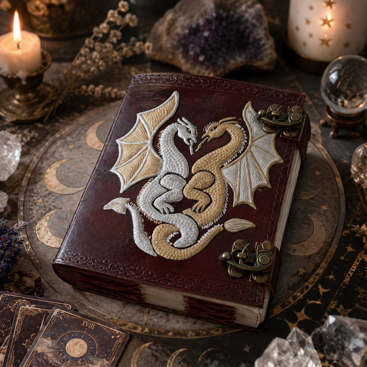 Double dragon leather journal – handmade witch grimoire, twin C-lock clasps, book of shadows, view 4