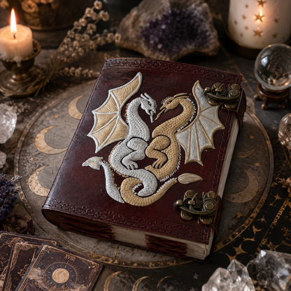 Double dragon leather journal – handmade witch grimoire, twin C-lock clasps, book of shadows, view 4