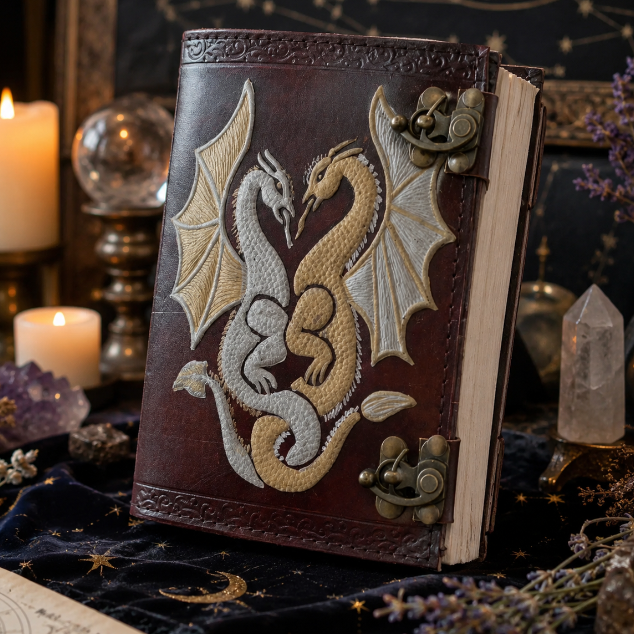 Double dragon leather journal – handmade witch grimoire, twin C-lock clasps, book of shadows, view 1