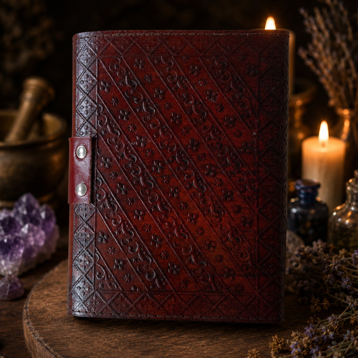 Double Dragon Leather Journal with Brass Lock – Vintage Handmade Witch Grimoire – leather journal, open blank pages view