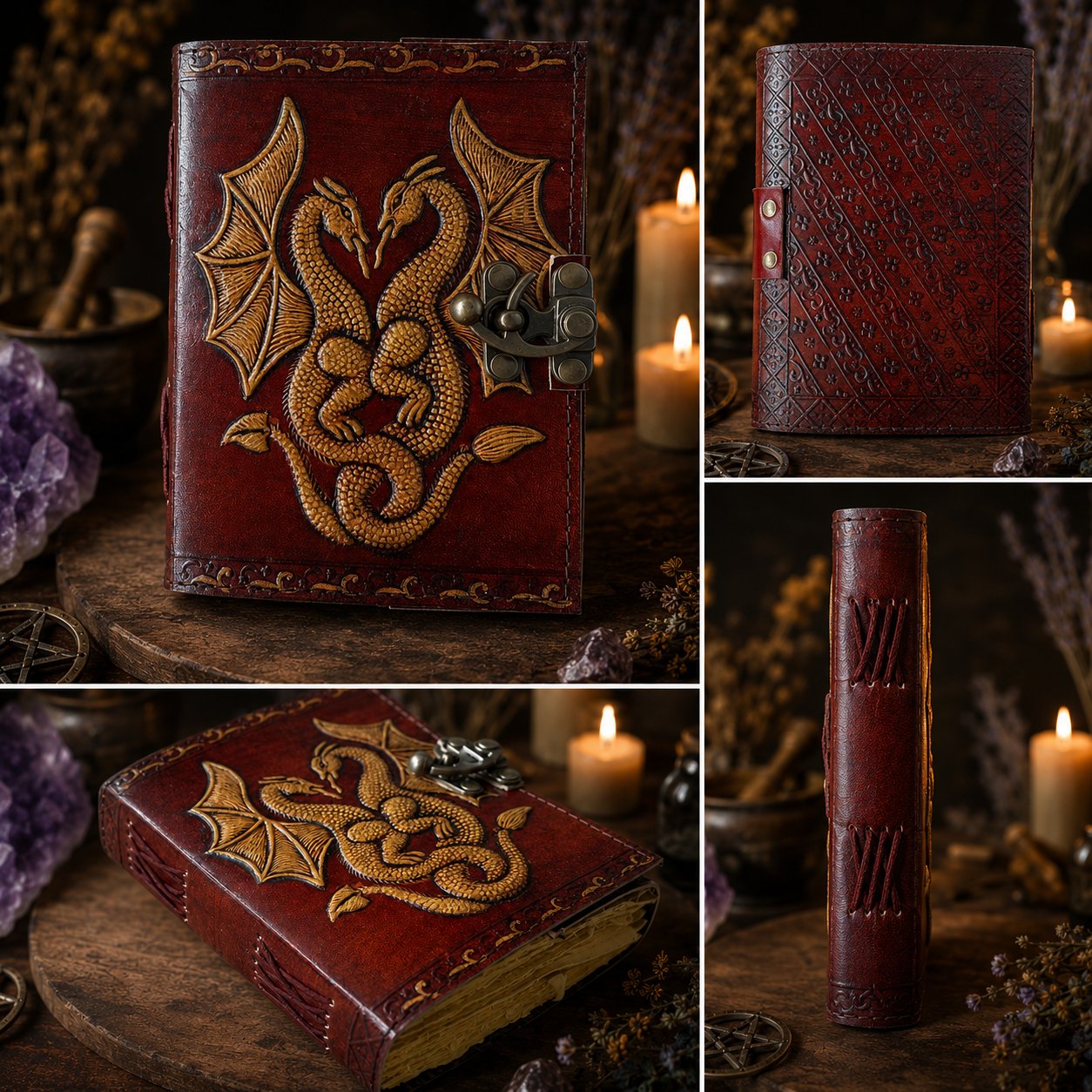 Double Dragon Leather Journal with Brass Lock – Vintage Handmade Witch Grimoire – leather journal, close-up cover detail