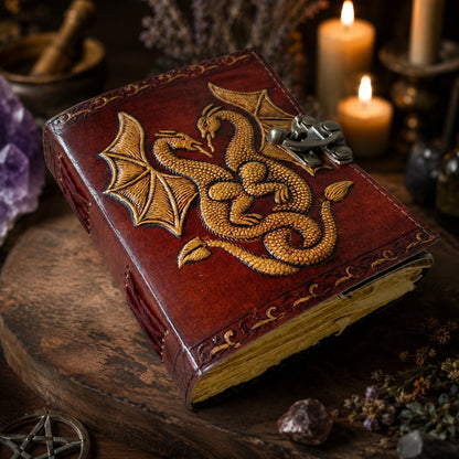 Double Dragon Leather Journal with Brass Lock – Vintage Handmade Witch Grimoire – leather journal, front cover view