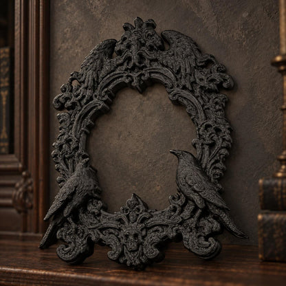 Front view of black double raven frame resting on dark wood against a gothic wall