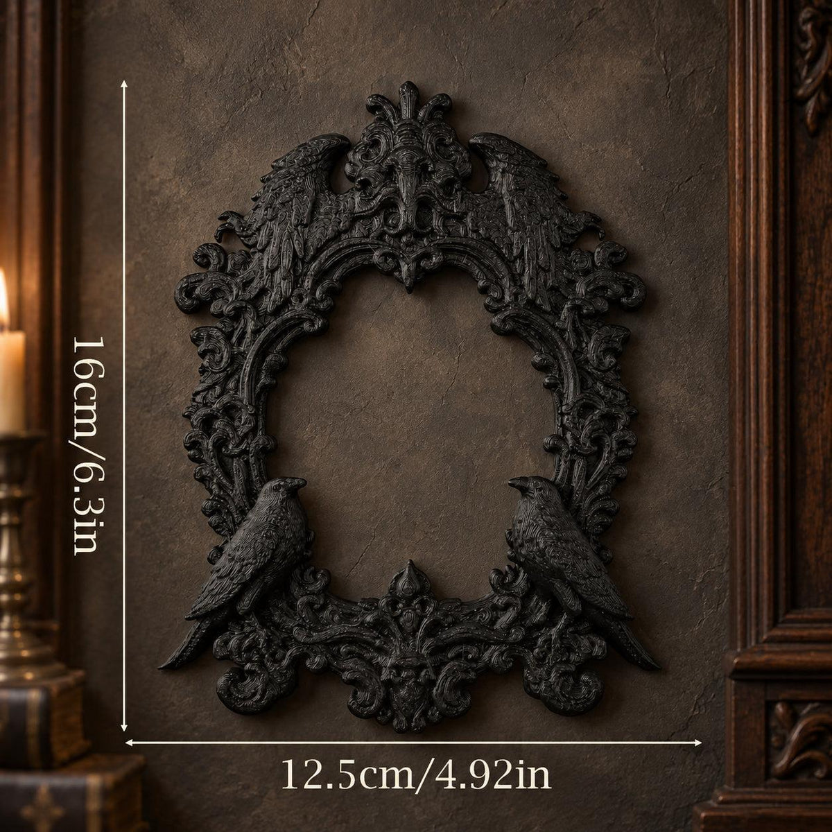 Double raven rococo frame size guide showing 16 cm height and 12.5 cm width