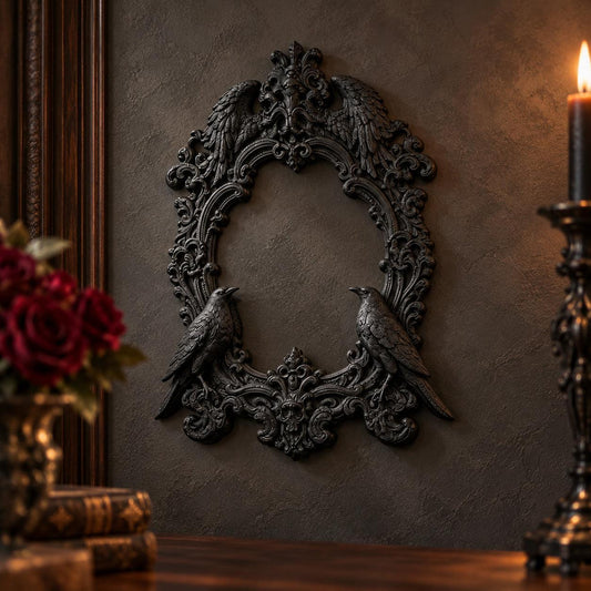 Black double raven rococo open frame mounted on a gothic wall with soft natural shadows