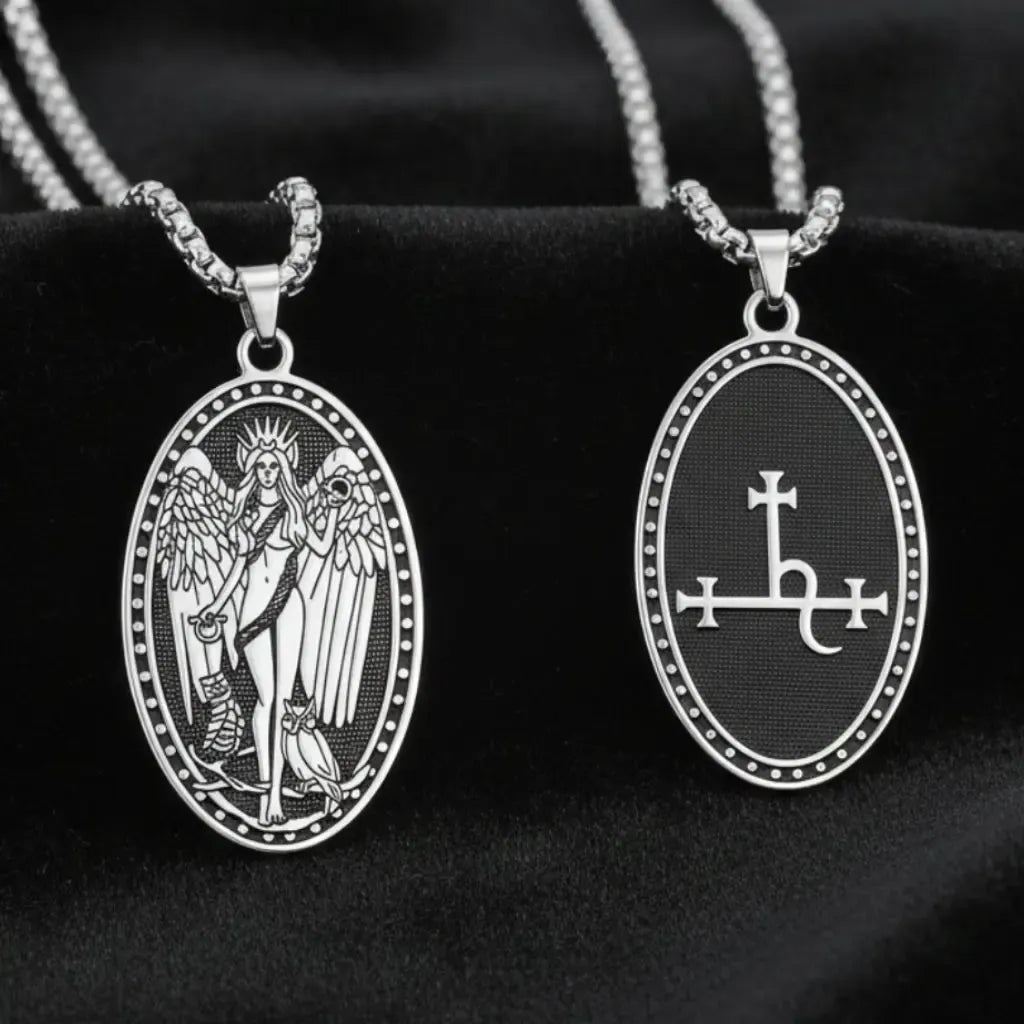 Double Sided Oval Lilith Sigil Necklace Stainless Steel Winged Goddess Lilith Pendant Occult Wiccan Pagan Gothic Jewelry-MoonChildWorld