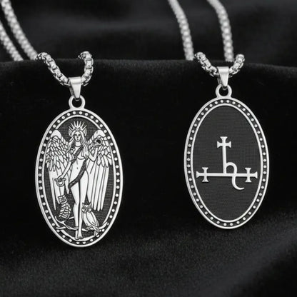 Double Sided Oval Lilith Sigil Necklace Stainless Steel Winged Goddess Lilith Pendant Occult Wiccan Pagan Gothic Jewelry-MoonChildWorld