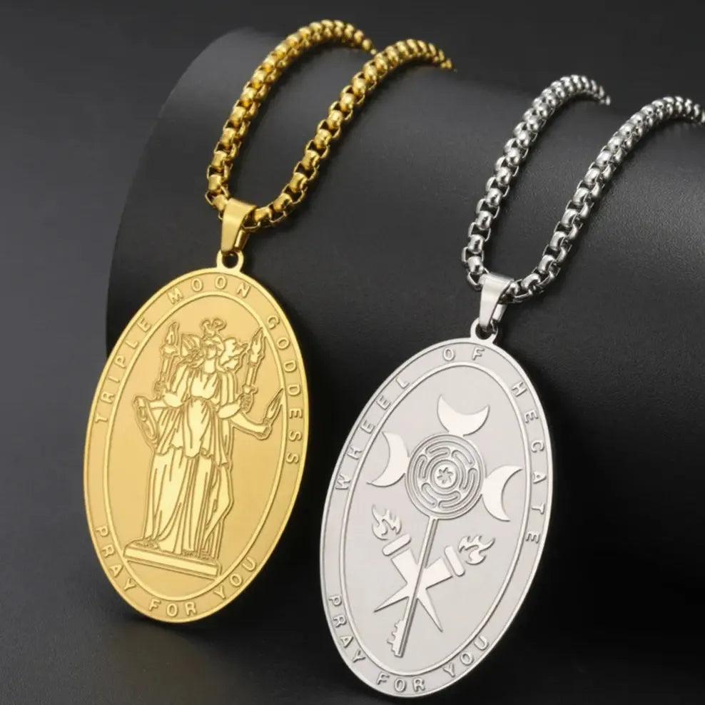 Double-sided Triple Moon Goddess Necklace Wheel of Hecate Necklace Wiccan Pagan Jewelry-MoonChildWorld