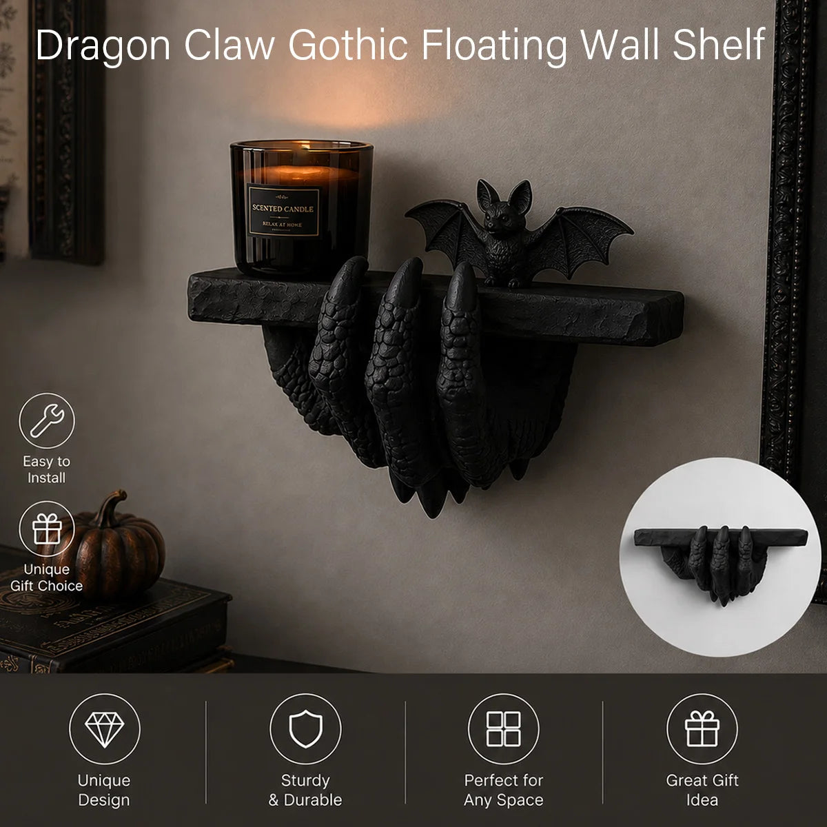 Dragon Claw Wall Shelf Gothic Resin Crystal and Candle Rack-MoonChildWorld