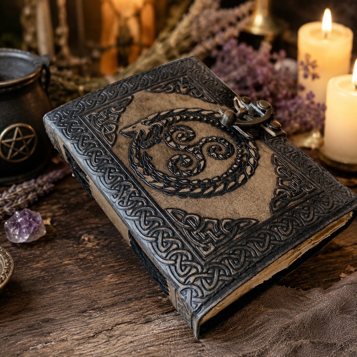 Dragon Embossed Leather Journal – Handmade Antique Witch Grimoire Writing Diary – leather journal, back cover view