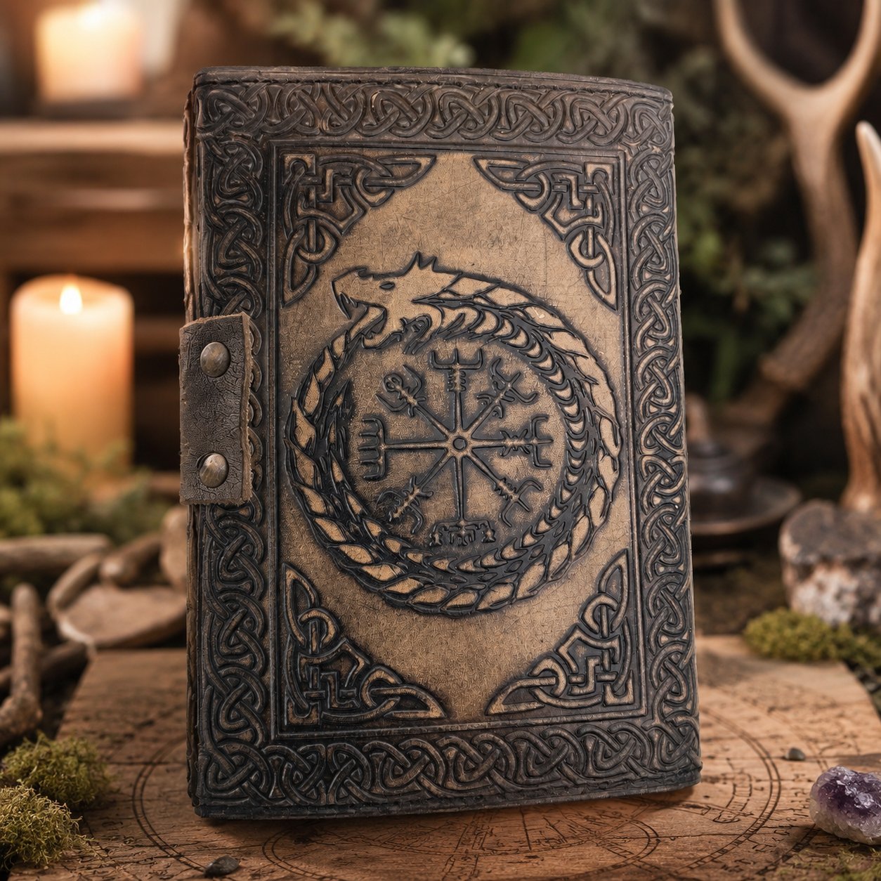 Dragon Embossed Leather Journal – Handmade Antique Witch Grimoire Writing Diary – leather journal, open blank pages view