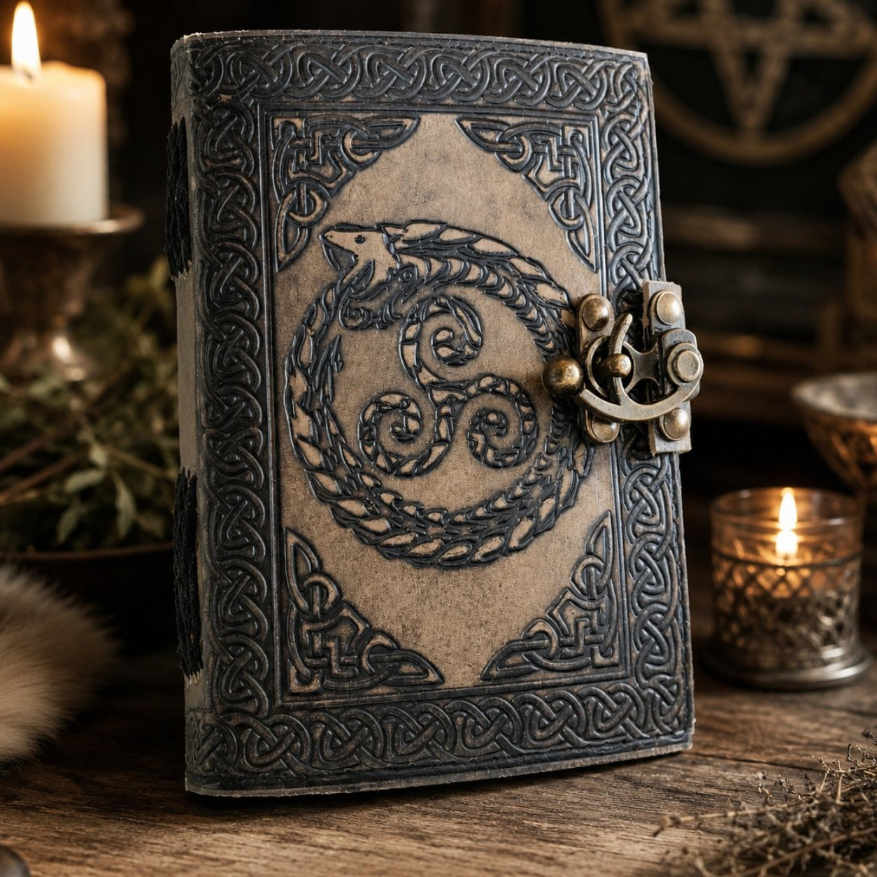 Dragon Embossed Leather Journal – Handmade Antique Witch Grimoire Writing Diary – leather journal, front cover view