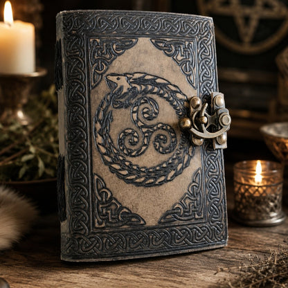 Dragon Embossed Leather Journal – Handmade Antique Witch Grimoire Writing Diary – leather journal, front cover view