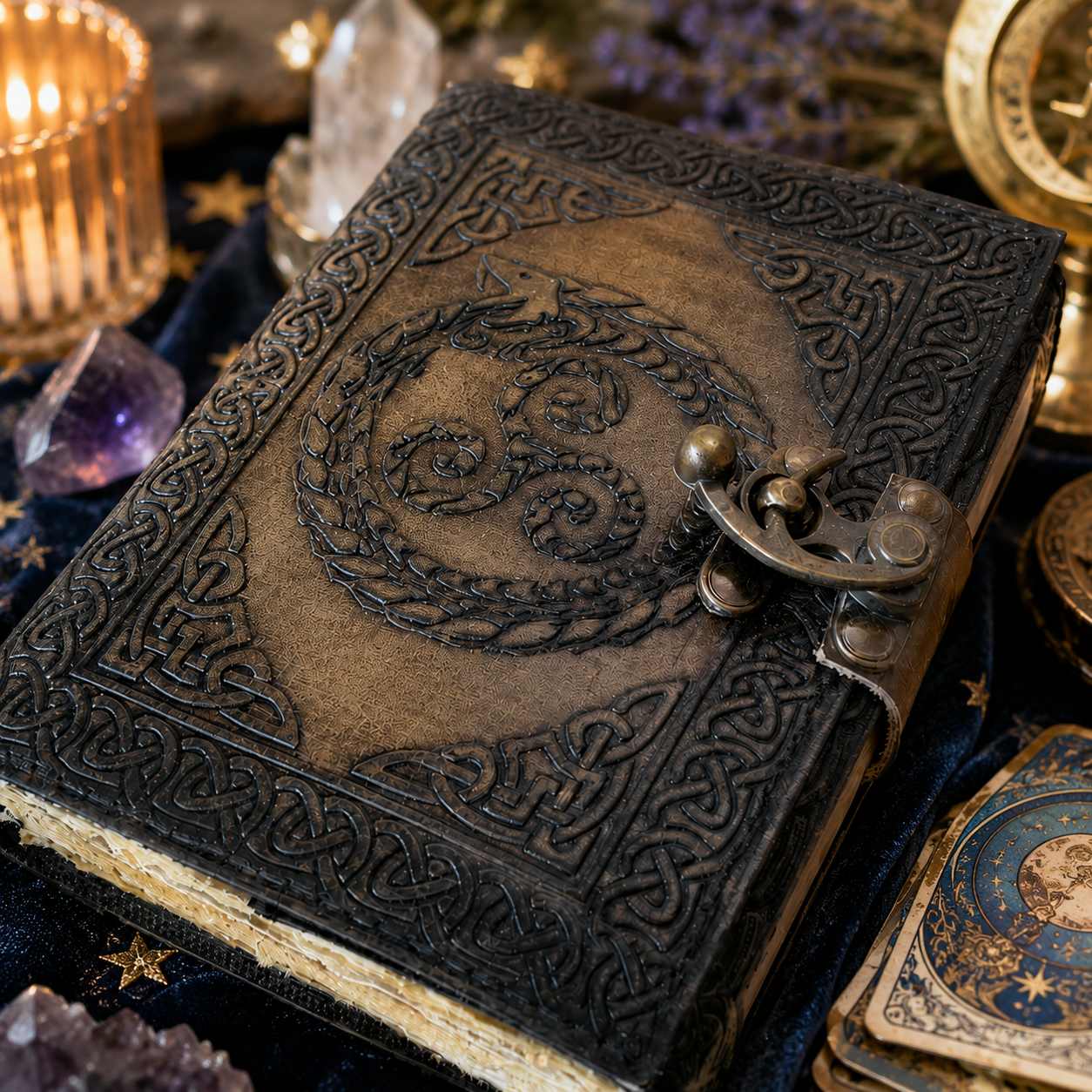 Dragon embossed leather journal – handmade witch grimoire book of shadows, vintage dragon design, view 2