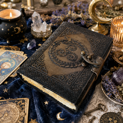 Dragon embossed leather journal – handmade witch grimoire book of shadows, vintage dragon design, view 3