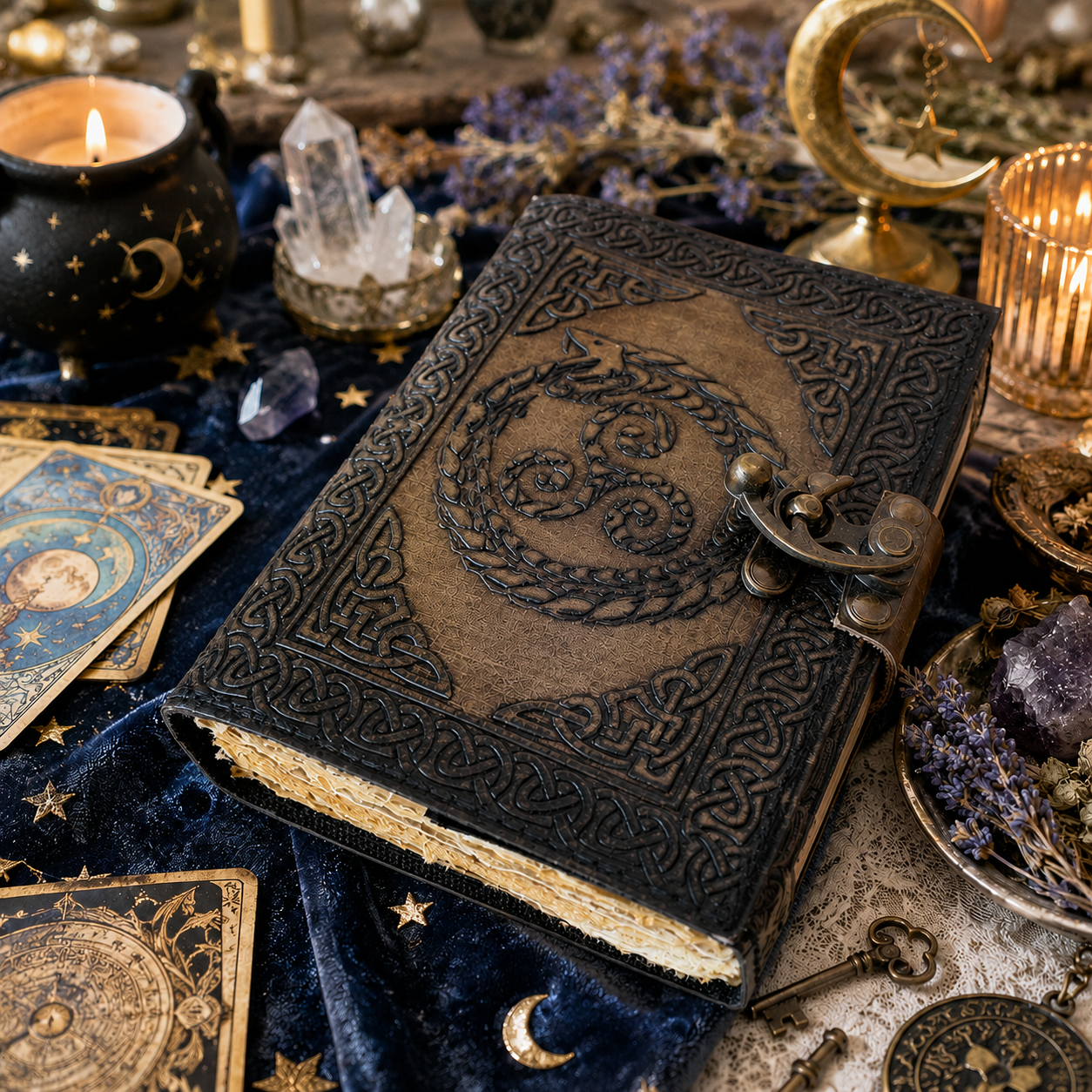 Dragon embossed leather journal – handmade witch grimoire book of shadows, vintage dragon design, view 4