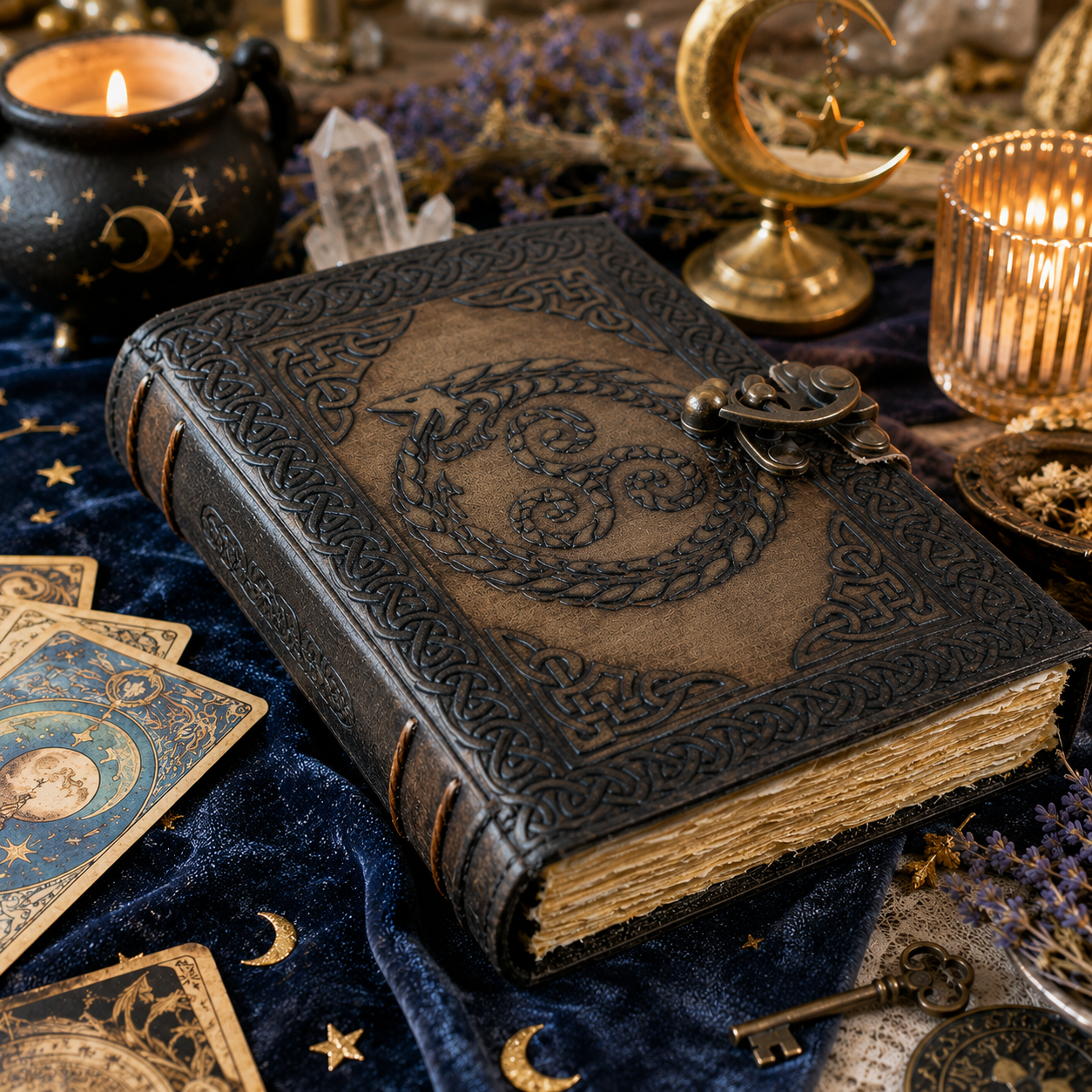 Dragon embossed leather journal – handmade witch grimoire book of shadows, vintage dragon design, view 1