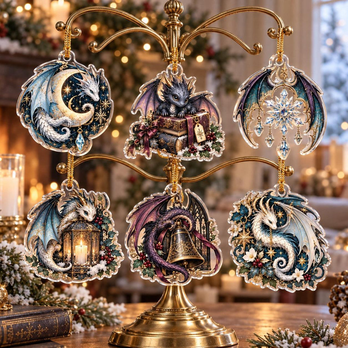 Dragon Familiar Gothic Acrylic Ornament Set – Witchy Yule Decor – set of 6, another view