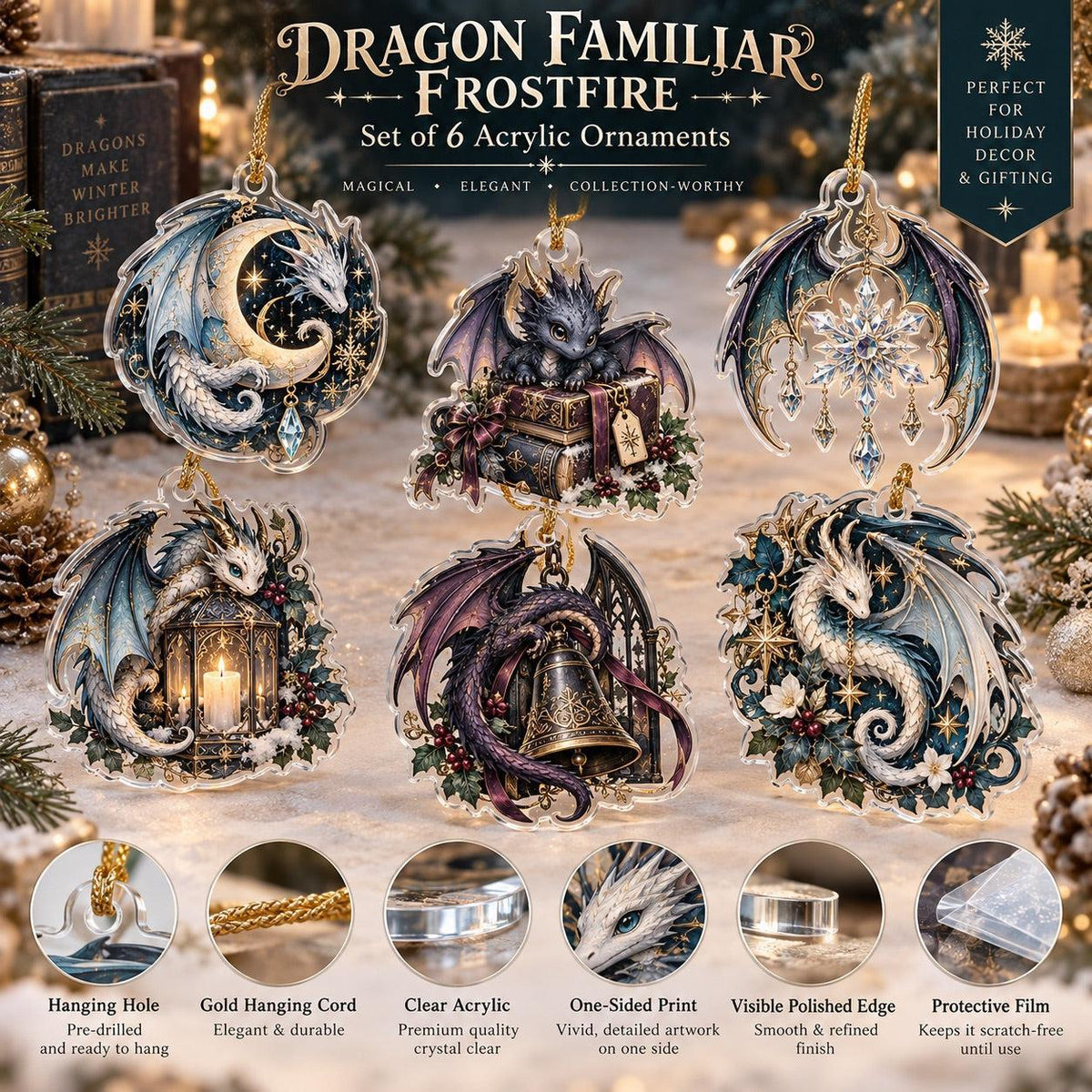 Dragon Familiar Gothic Acrylic Ornament Set – Witchy Yule Decor – ornament size and details