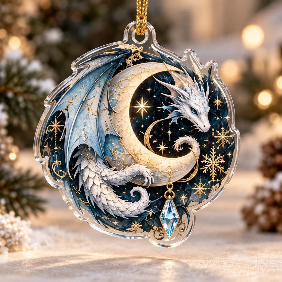 Dragon Familiar Gothic Acrylic Ornament Set – Witchy Yule Decor – Crescent Moon Dragon ornament