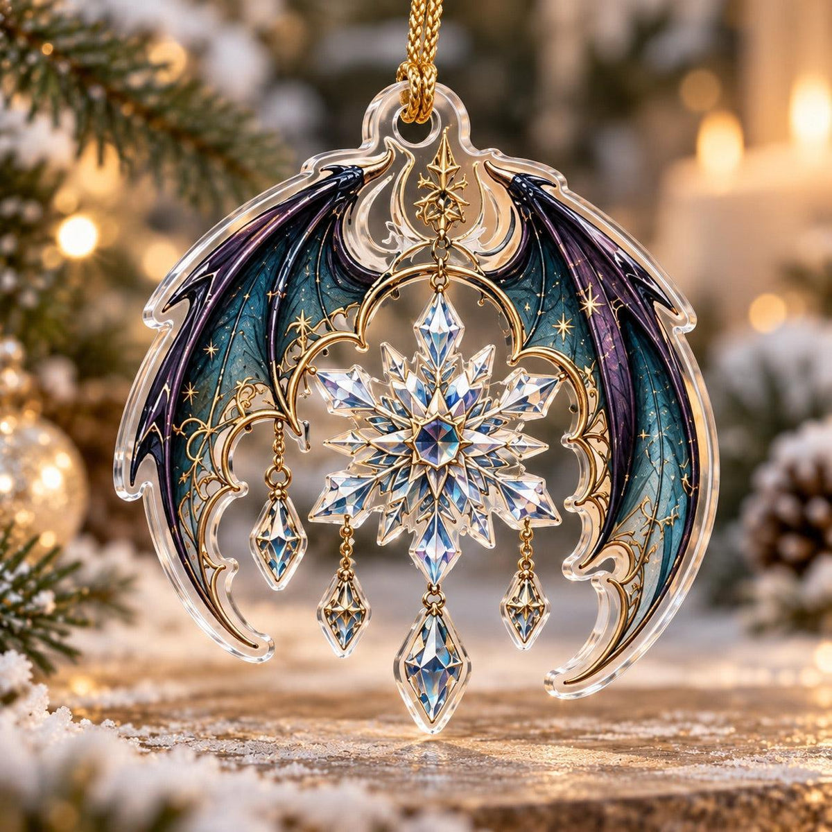 Dragon Familiar Gothic Acrylic Ornament Set – Witchy Yule Decor – Snowflake Wing Charm ornament