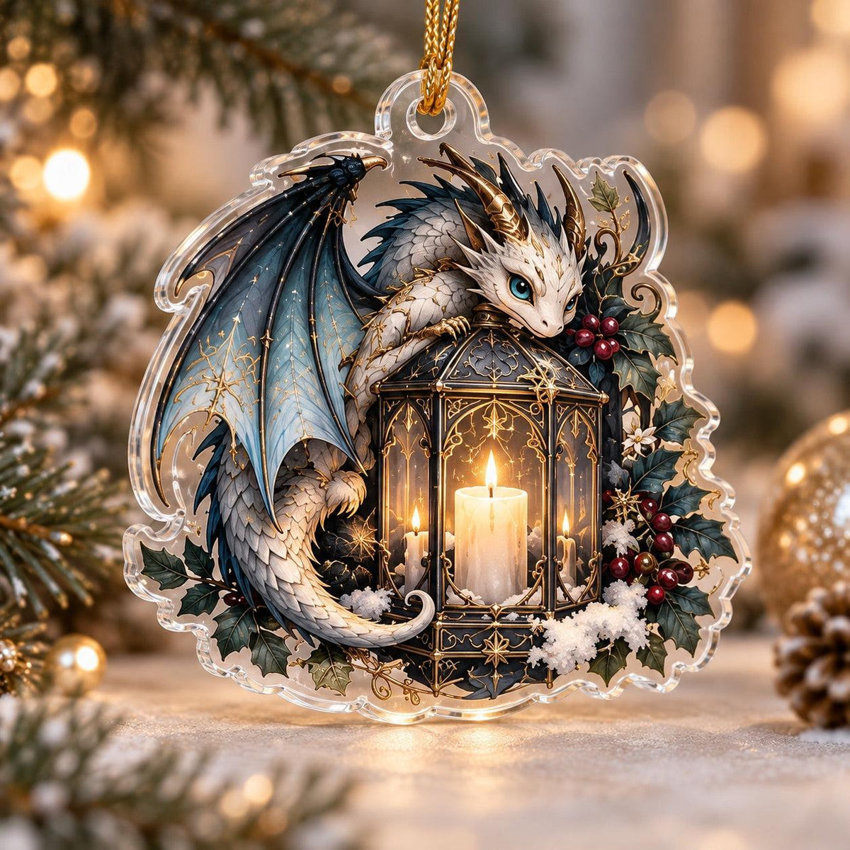 Dragon Familiar Gothic Acrylic Ornament Set – Witchy Yule Decor – Lantern Dragon ornament